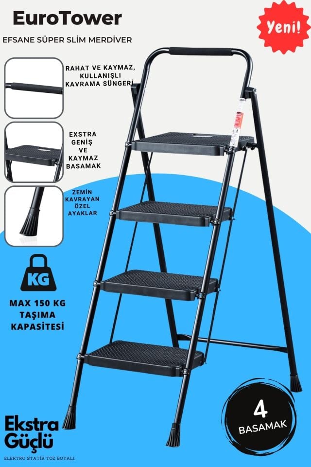 4 Basamak Siyah Merdiven Geniş Basamaklı EUROTOWER, ET4