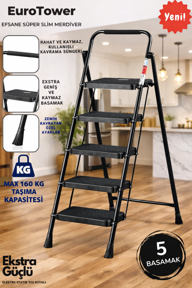 5 Basamak Siyah Merdiven Geniş Basamaklı EUROTOWER, ET5