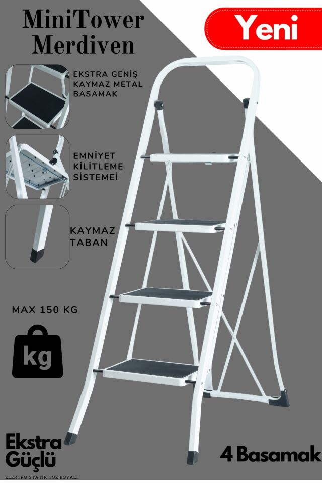 MiniTower 4 Basamaklı Metal Merdiven - Ekstra Güçlü 150 kg Kapasiteli Beyaz