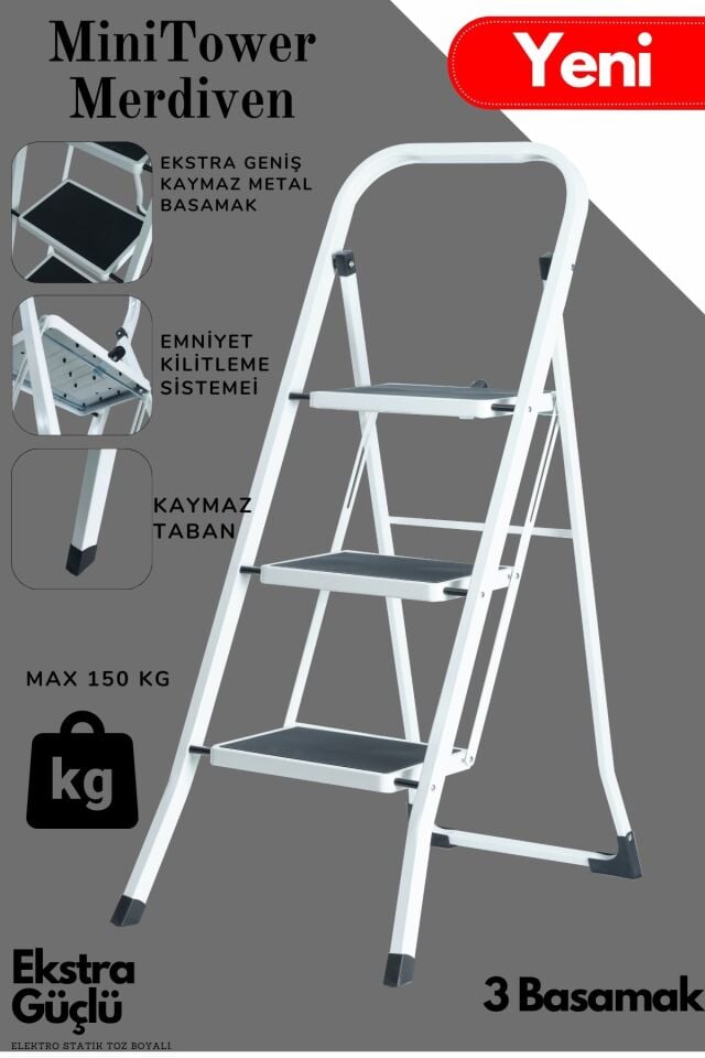 MiniTower 3 Basamaklı Metal Merdiven - Ekstra Güçlü 150 kg Kapasiteli Beyaz