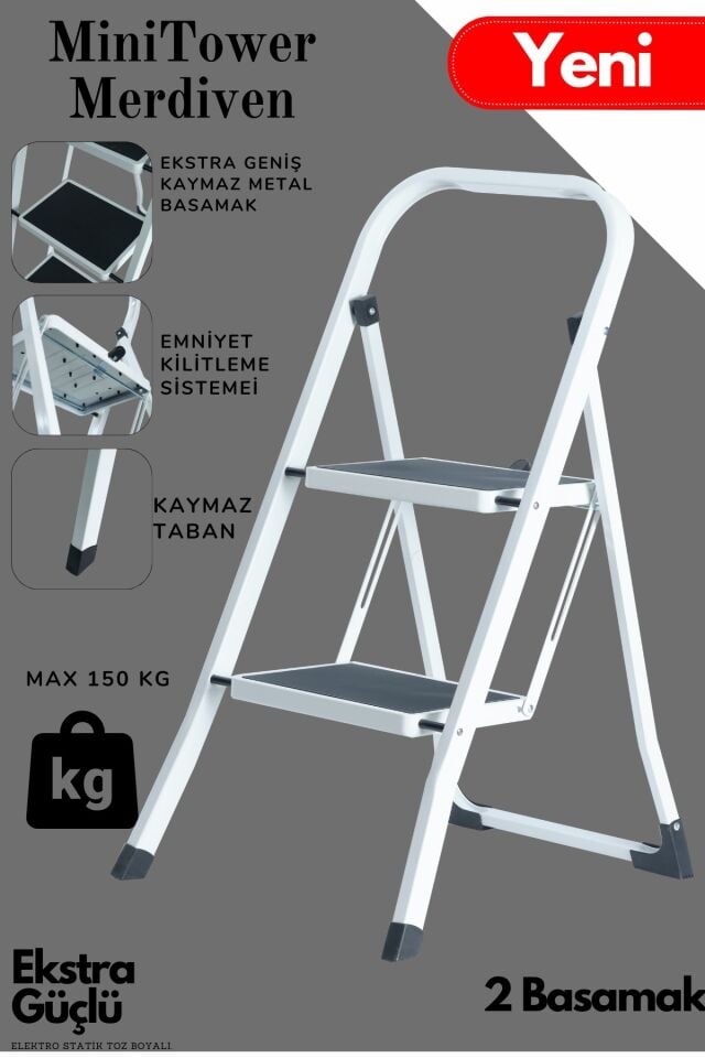 MiniTower 2 Basamaklı Metal Merdiven - Ekstra Güçlü 150 kg Kapasiteli Beyaz