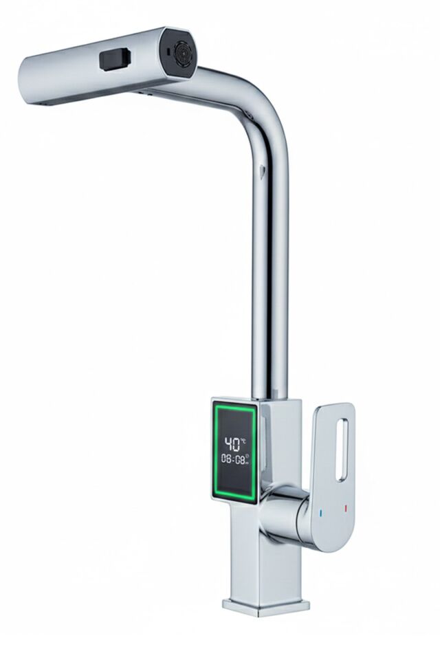 Dijital Dereceli Krom Mutfak Bataryası Musluk Uzayabilen Başlıklı Modern Eviye Bataryası