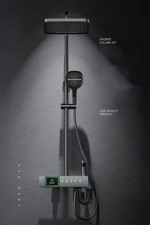 Lüks Bakır Gövde Dijital Ekranlı Duş Sistemi Dijital Isı Göstergeli Premium Piyano Duş Takımı