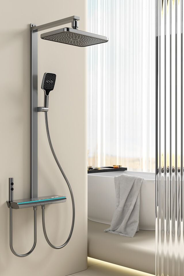 Lüks Dijital Ekranlı Duş Seti - Termostatik Gri Yağmurlama Sistemli Banyo Bataryası