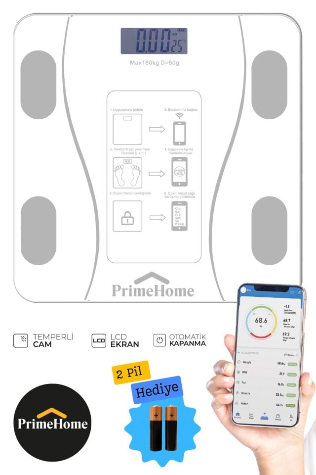 Dijital Baskül Yağ Su Kas Vücut Kitle Endeksi Kilo Ölçer Tartı Beyaz