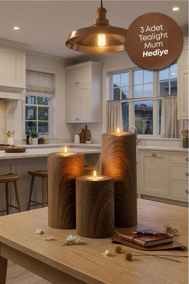 3 Lü Ahşap Kaplama Yüzey Mumluk Dekoratif  Tealight Set Mum Abs Plastik