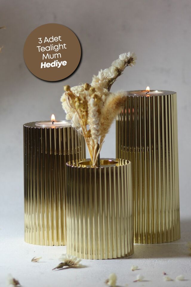 3 Lü Gold Krom Tırtıklı Yüzey Mumluk Dekoratif  Tealight Set Mum Abs Plastik Altın