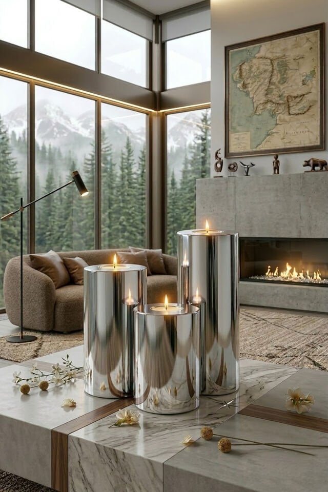 3 Lü Silver Krom Parlak Yüzey Mumluk Dekoratif  Tealight Set Mum Abs Plastik Gümüş