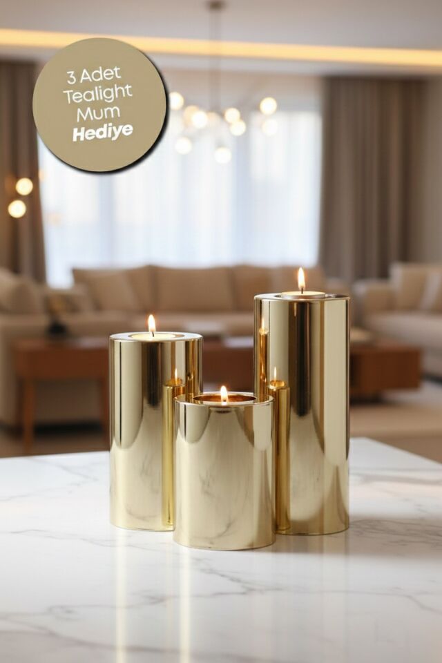 3 Lü Gold Krom Parlak Yüzey Mumluk Dekoratif  Tealight Set Mum Abs Plastik Altın