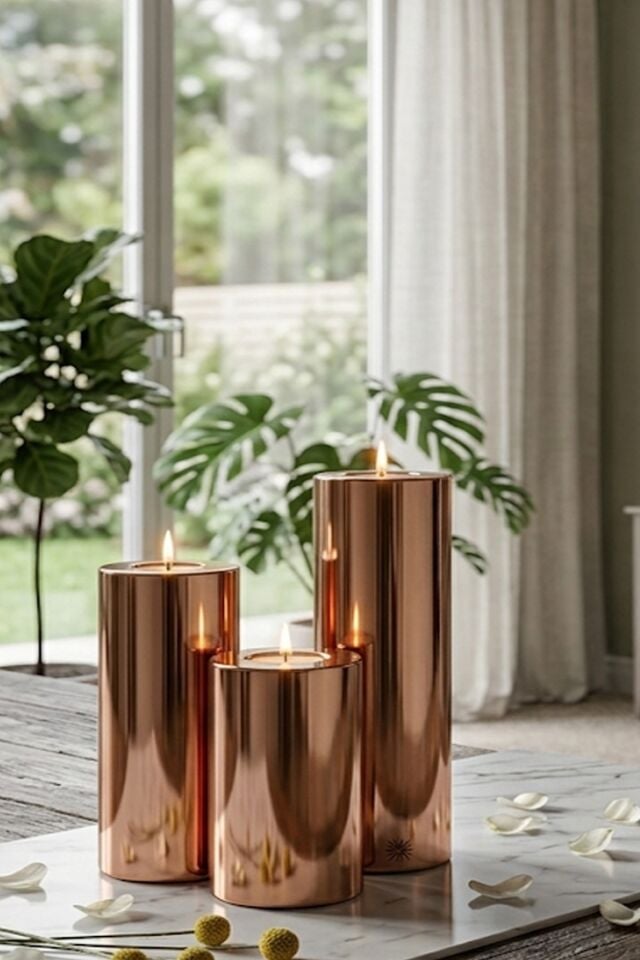 3 Lü Bakır Krom Parlak Yüzey Mumluk Dekoratif  Tealight Set Mum Abs Plastik