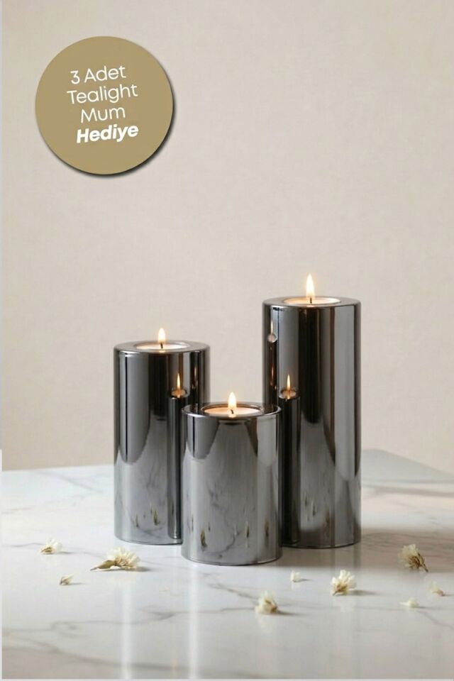 3 Lü Füme Krom Parlak Yüzey Mumluk Dekoratif  Tealight Set Mum Abs Plastik