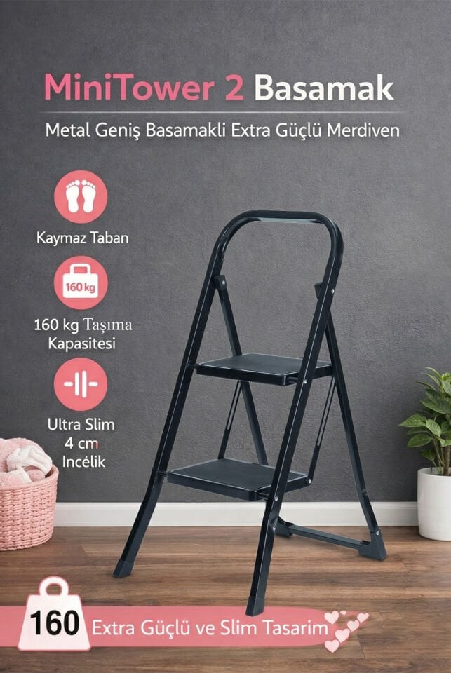 2 Basamak Siyah Merdiven Geniş Basamaklı MiniTower, MT2