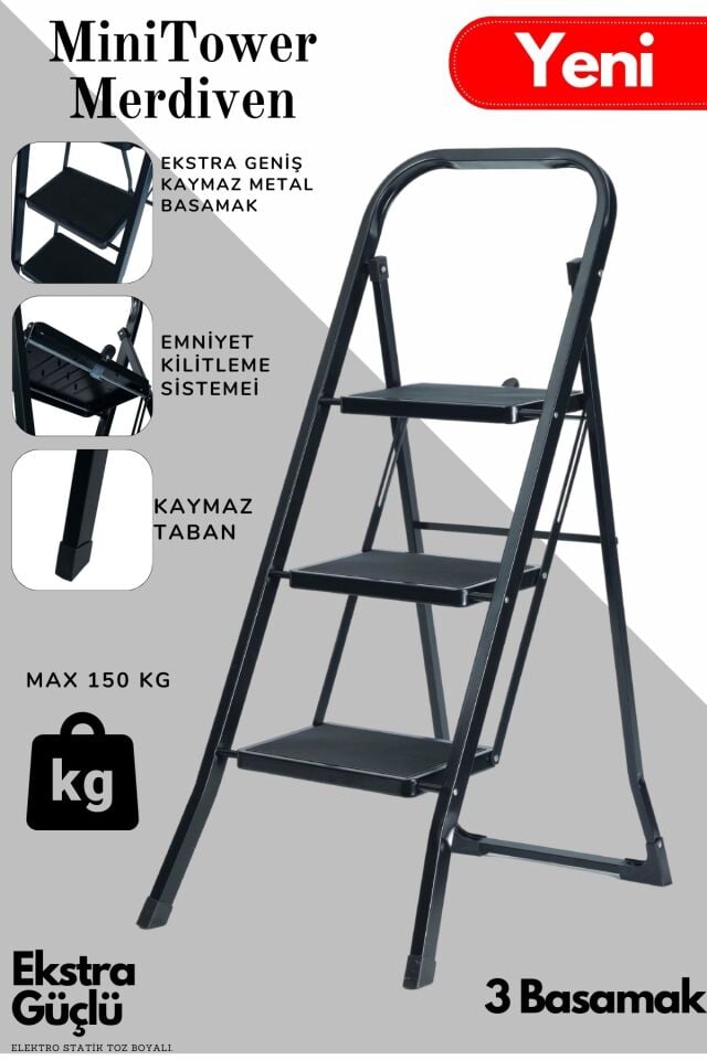 3 Basamak Siyah Merdiven Geniş Basamaklı MiniTower, MT3