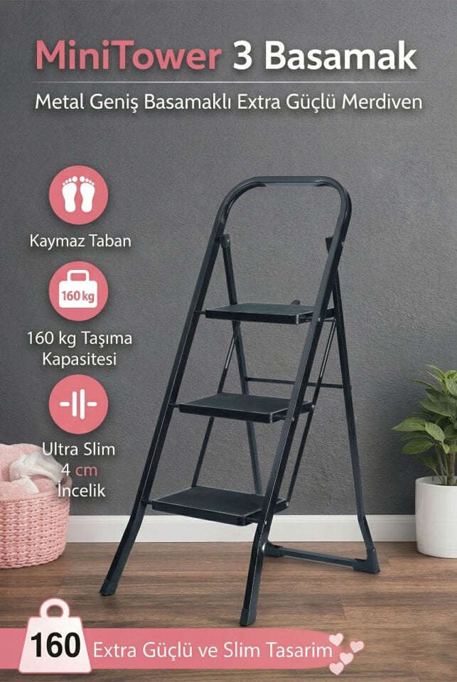 3 Basamak Siyah Merdiven Geniş Basamaklı MiniTower, MT3