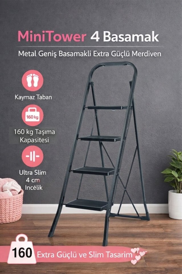 4 Basamak Siyah Merdiven Geniş Basamaklı MiniTower, MT4