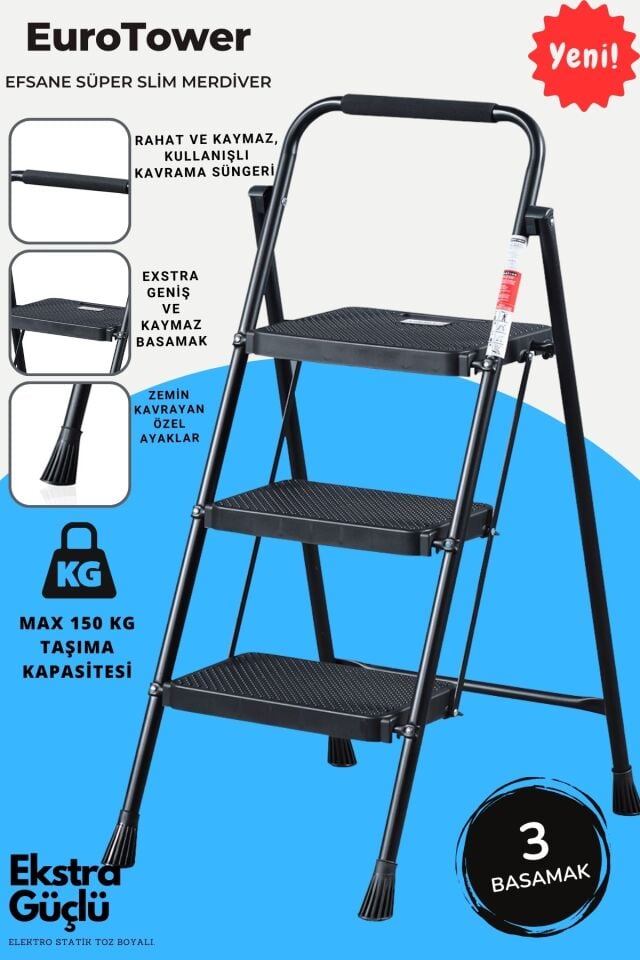 3 Basamak Siyah Merdiven Geniş Basamaklı EUROTOWER, ET3