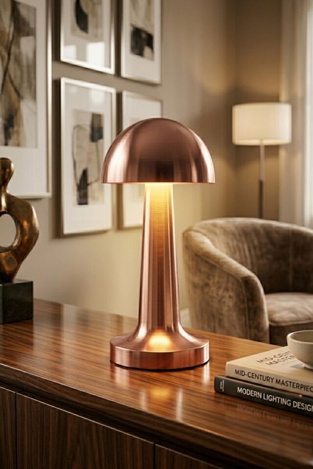 Mantar Masa Lambası Rose BakırRenk Şarjlı Kablosuz Metal Masa Lambası, Dokunmatik Led Başucu Lambası