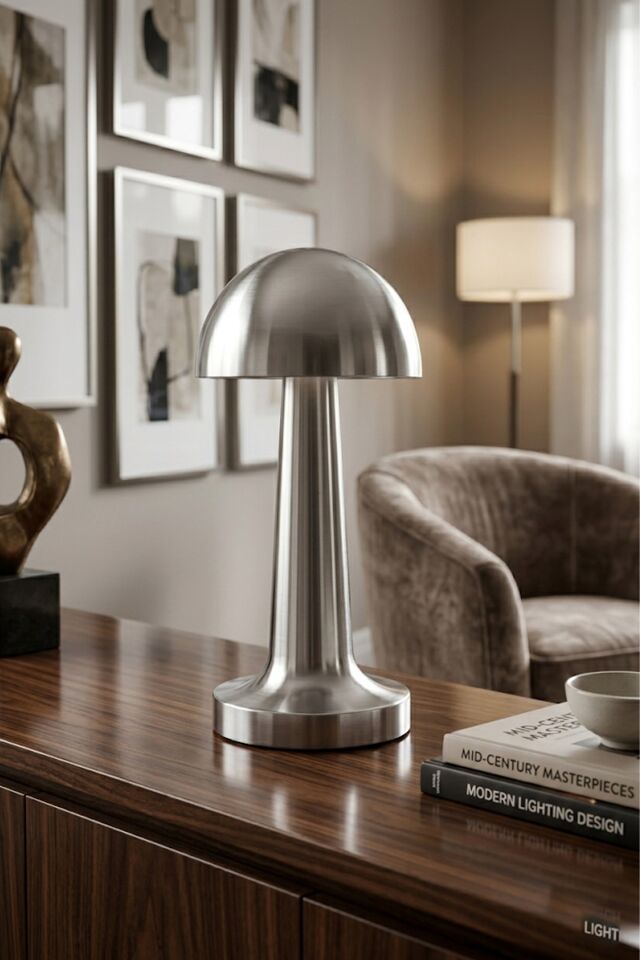 Mantar Masa Lambası Gümüş Renk Şarjlı Kablosuz Metal Masa Lambası, Dokunmatik Led Başucu Lambası