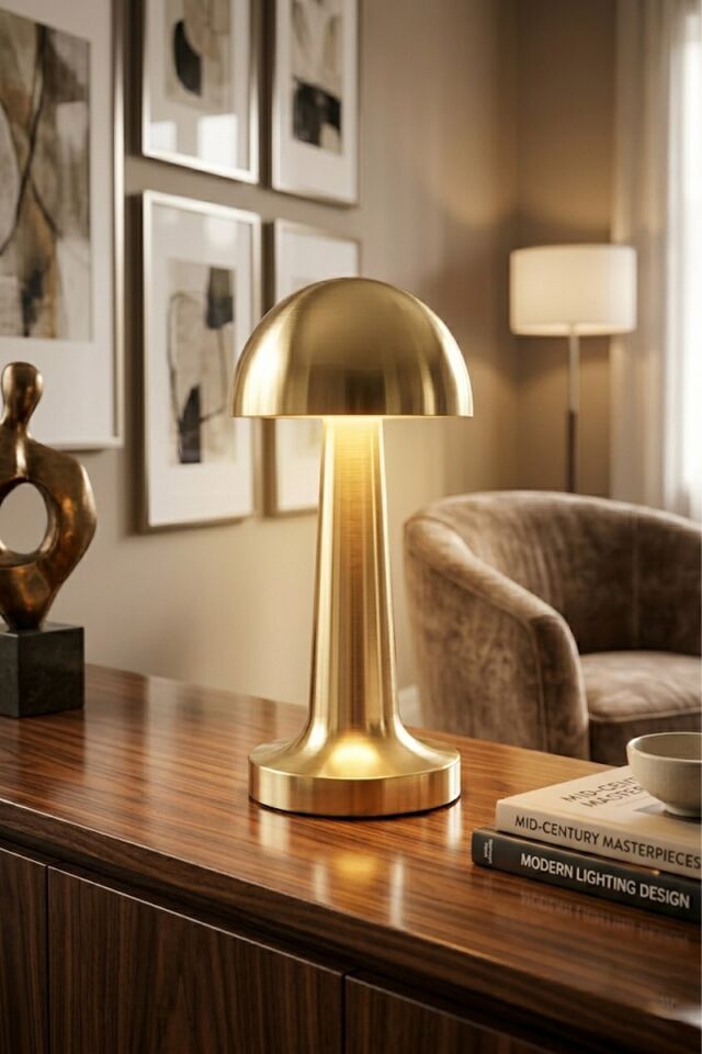 Mantar Masa Lambası Gold Renk Şarjlı Kablosuz Metal Masa Lambası, Dokunmatik Led Başucu Lambası