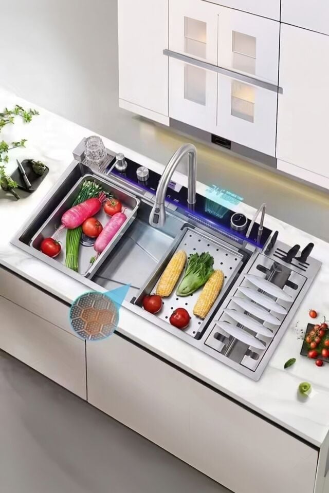 Premium Krom Akıllı Mutfak Evyesi- 100x46 cm Çok Fonksiyonlu- Lüx Dijital Akıllı Eviye Seti