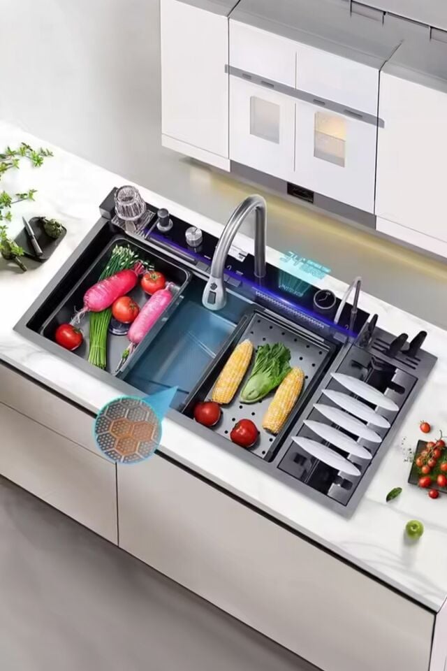 Premium Black Akıllı Mutfak Evyesi- 100x46 cm Çok Fonksiyonlu- Lüx Dijital Akıllı Eviye Seti