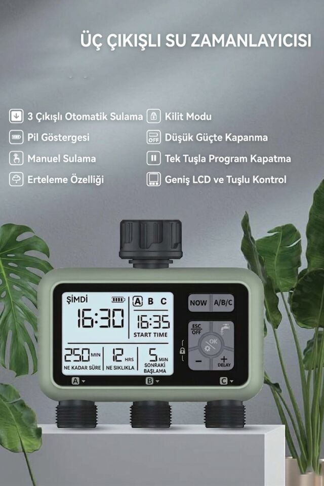 3 Çıkışlı Akıllı Bahçe Sulama Zamanlayıcısı Yağmur Geciktirme ve IP55 Su Geçirmez