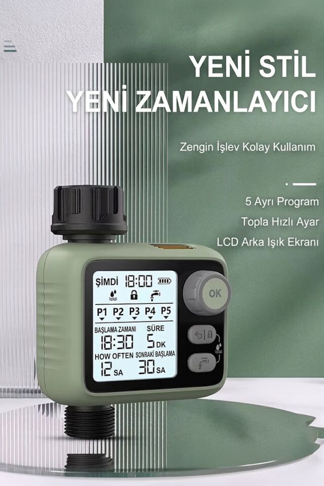 Otomatik Bahçe Sulama Zamanlayıcısı - 5 Programlı LCD Ekranlı Akıllı Sulama Sistemi IPX5 Su Geçirmez
