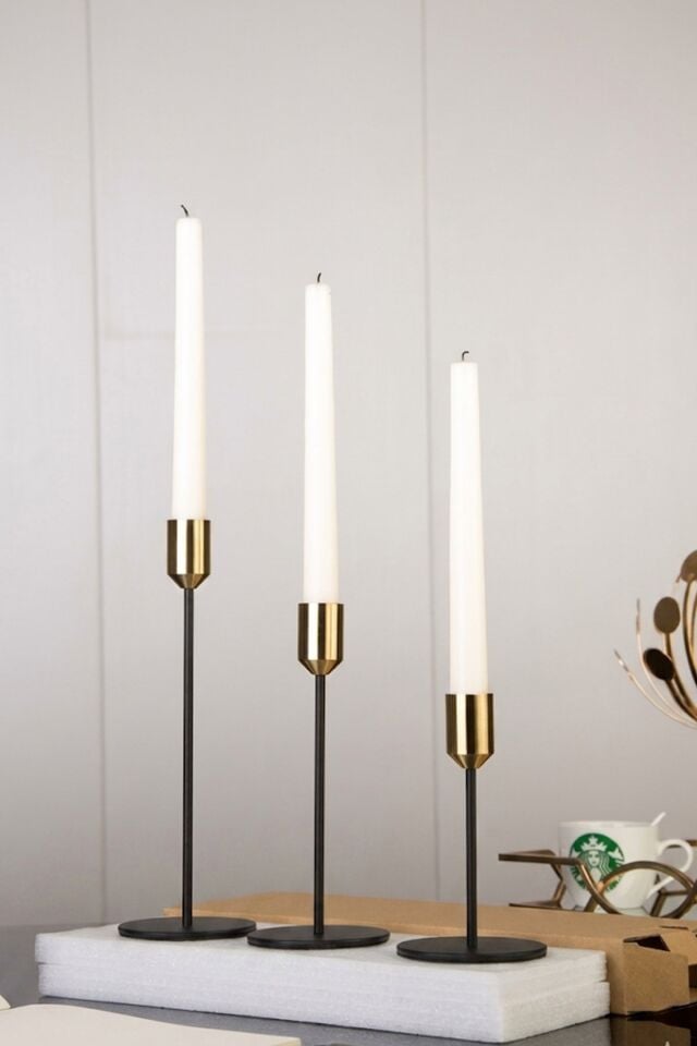 3'lü Modern Lüks Gold Siyah Şamdan Seti - Metal Uzun Ayaklı İnce Taper Mumluk