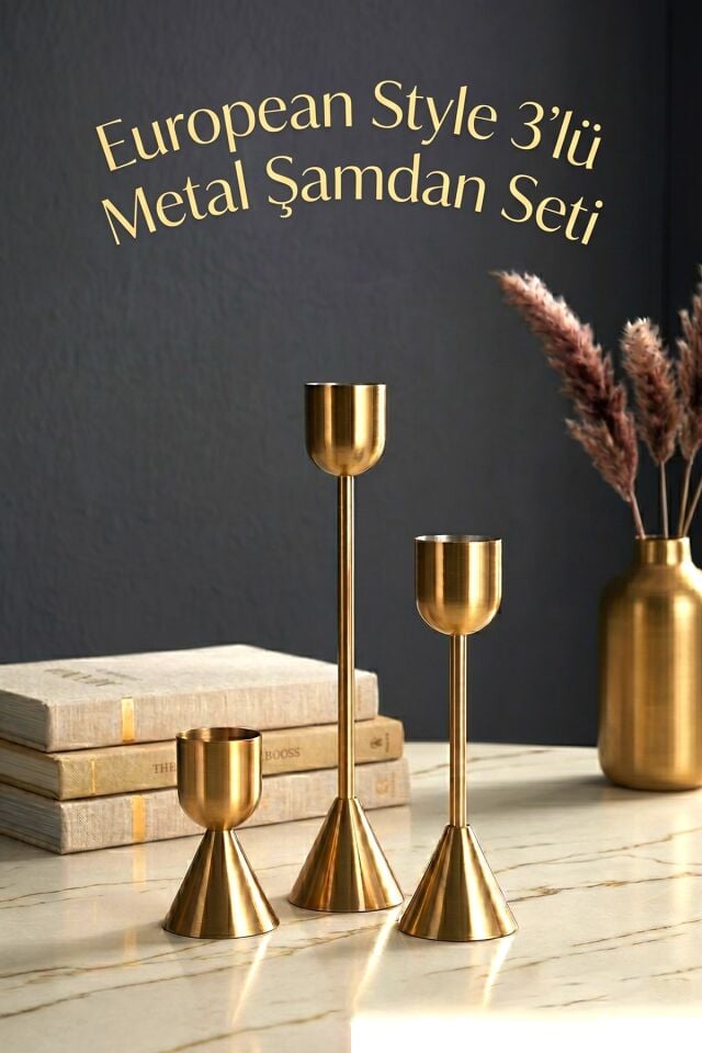 European Style 3'lü Metal Şamdan Seti – Gold Tasarım Dekoratif Mumluk Takımı