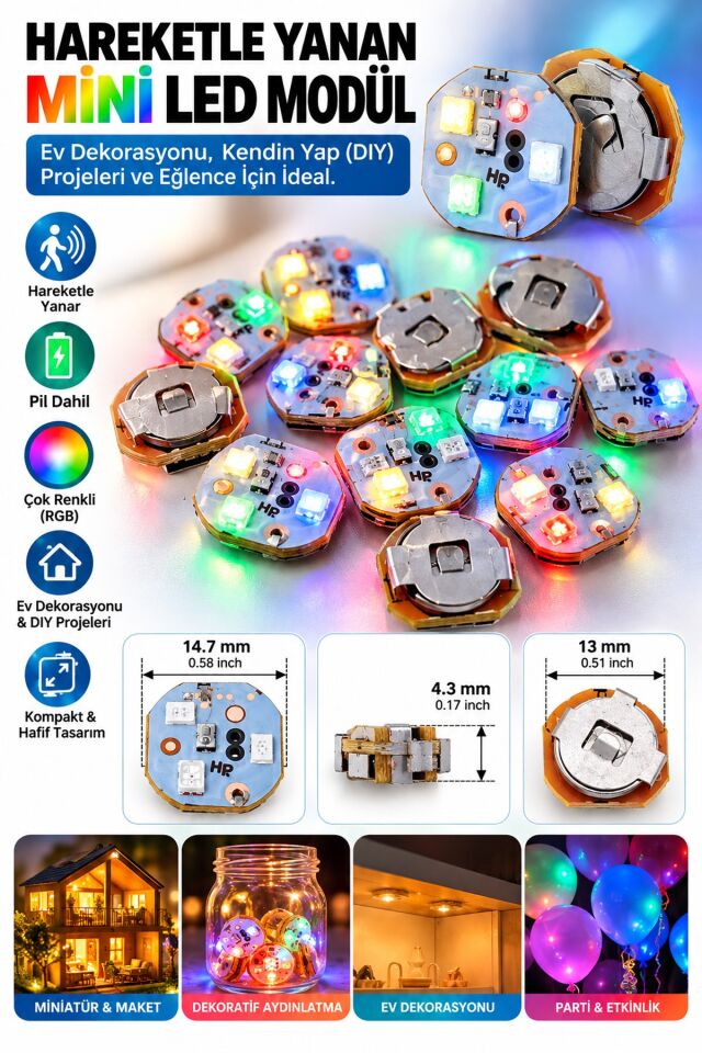 10 adet 3D Proje İçin Mini Hareketle Yanan LED Kartı  Ekstra İnce & Hafif (CR1220 Dahil)