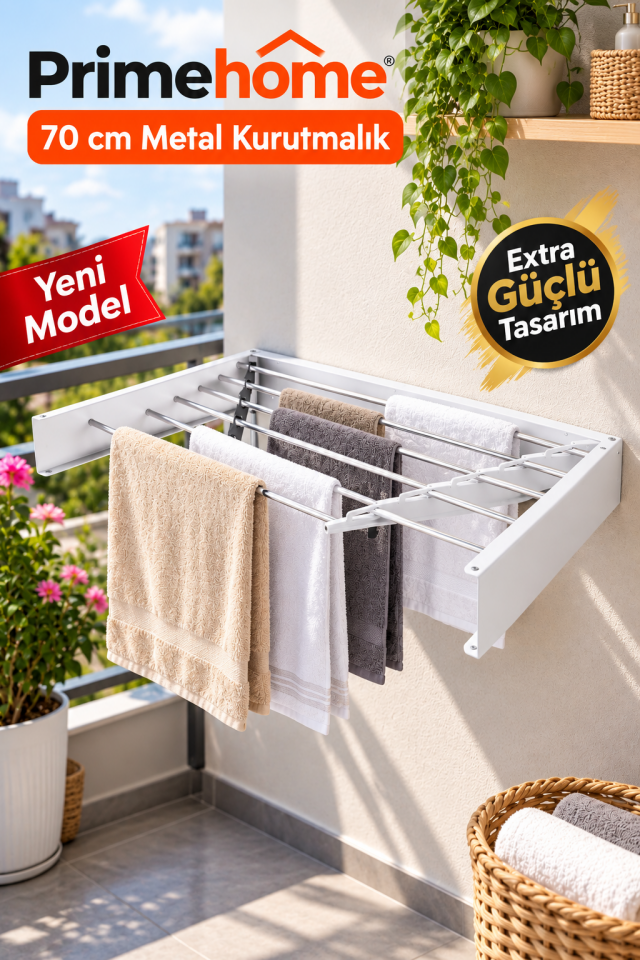 Duvara Monte Katlanabilir Çamaşır ve Havlu Kurutmalık Alüminyum Askılı 70 cm Paslanmaz 5 Gözlü Beyaz