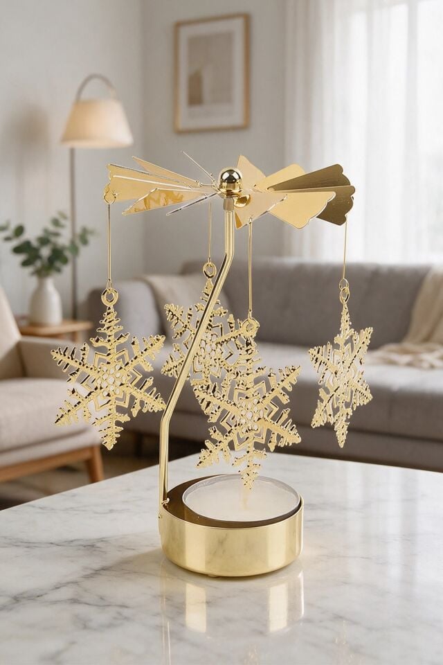Isıyla Dönen Kar Tanesi Figürlü Metal Mumluk Tealight Şamdan & Dekoratif Hediyelik Mum Standı Altın