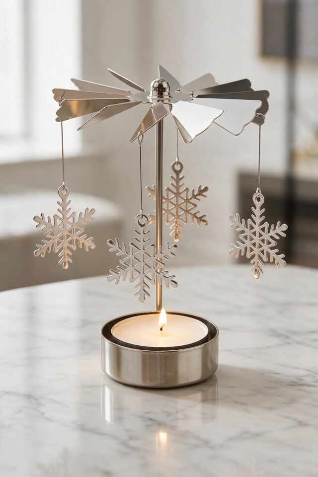 Isıyla Dönen Kar Tanesi Figürlü Metal Mumluk Tealight Şamdan & Dekoratif Hediyelik Mum Standı Gümüş