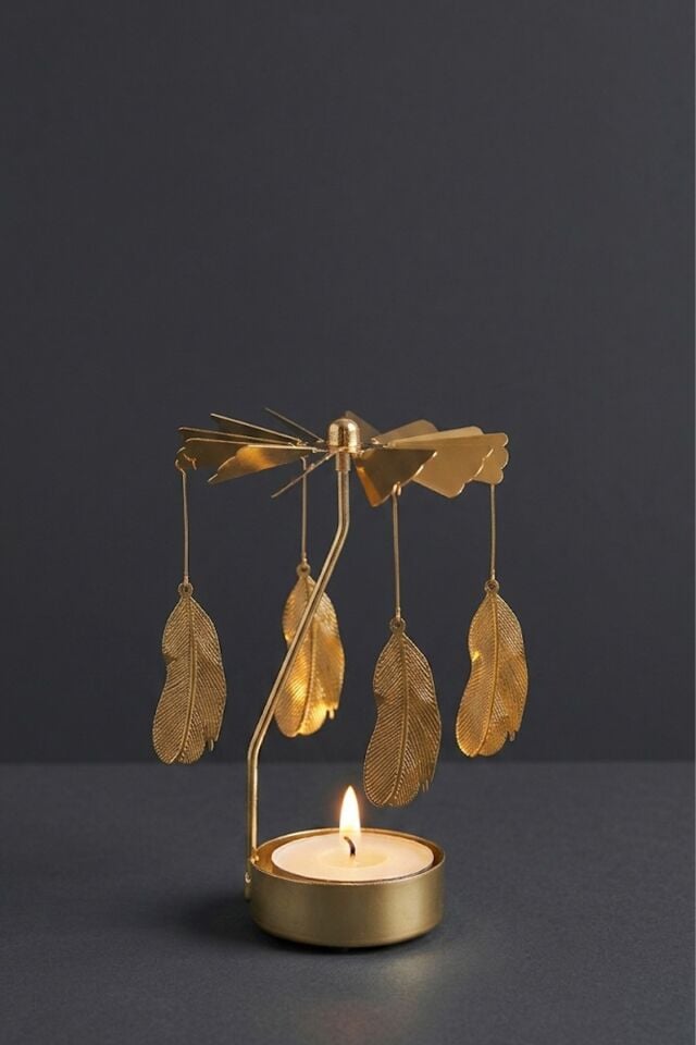 Isıyla Dönen Tüy Figürlü Metal Mumluk - Tealight Şamdan & Dekoratif Hediyelik Mum Standı Altın