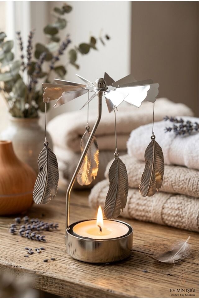 Isıyla Dönen Tüy Figürlü Metal Mumluk - Tealight Şamdan & Dekoratif Hediyelik Mum Standı Gümüş