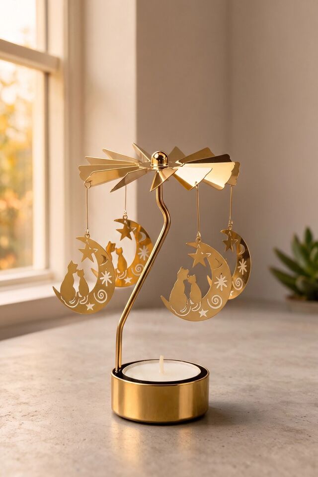 Isı İle Dönen Kedi/Ay Figürlü Mumluk (Gold/Altın)